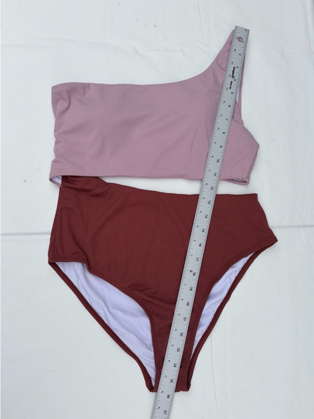 Trendy One Shoulder Ribbed Bikini High Waisted Colorblock Swimset Vacation Ready - Picture 9 of 11